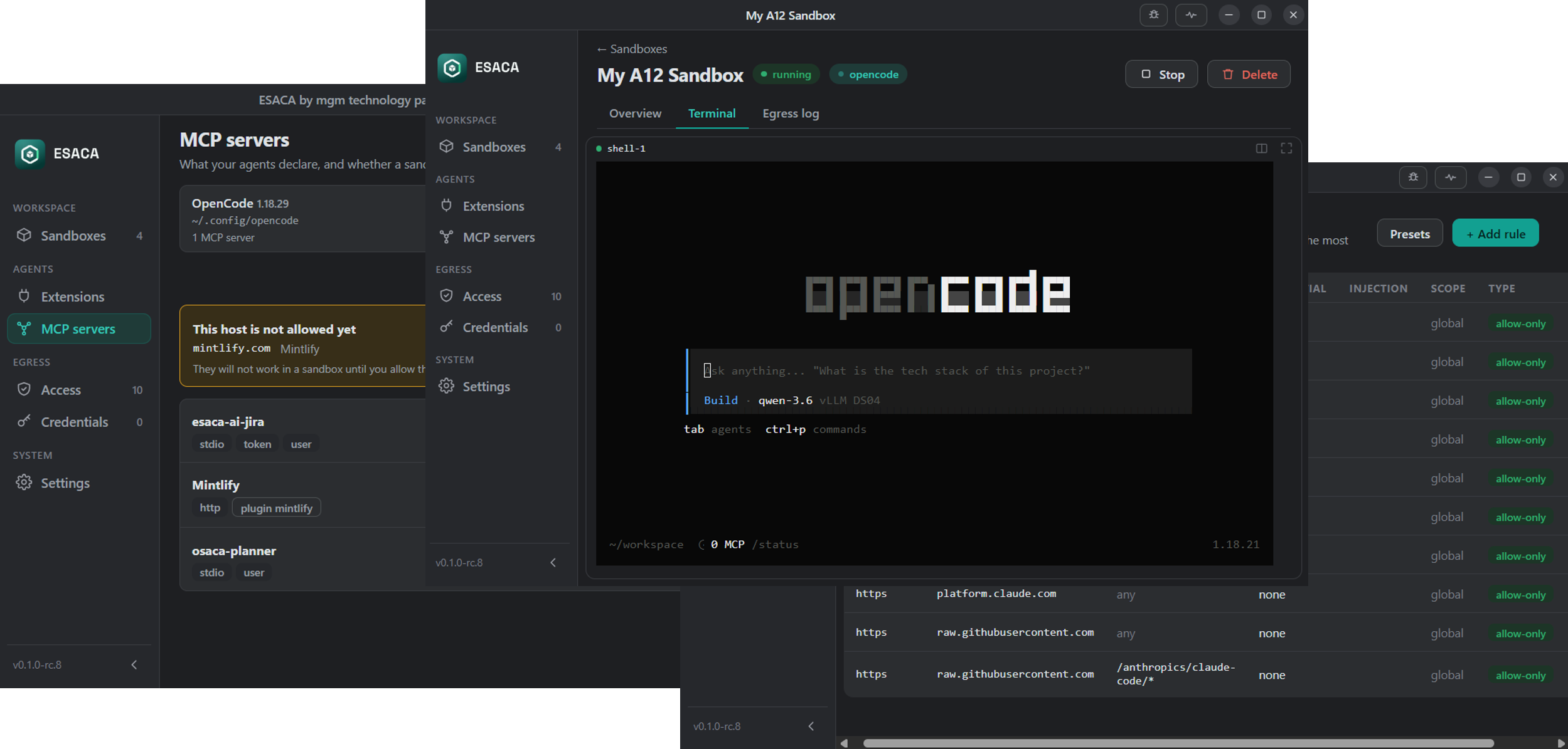Die ESACA-Sandbox-App: die Übersicht der MCP-Server, eine laufende Sandbox mit eingebautem Terminal und die Liste der Zugriffsregeln.